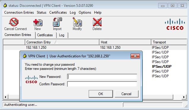 [110] Message (cisco test): 80090308: LdapErr: DSID 0C090334, comment: AcceptSecurityContext error, data 52e, vece The Cisco VPN client then asks for a password change: This dialog box differs from