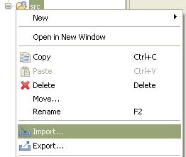 10 Add the new main file: In the Project Explorer view, right click on the src Import item: folder and select the The Import wizard opens: Expand the