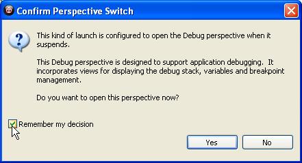 5.5 Start a debug session and configure the debugger for trace Click the Debug button in the Debug Confugurations view. Now the program will be loaded into the target, and run until main().