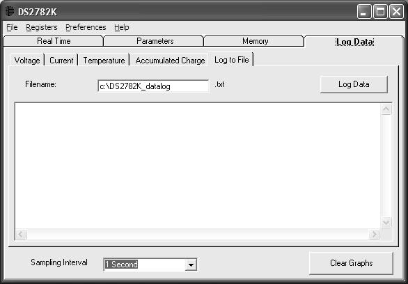 LOG DATA TAB The Log Data tab allows the user to see the DS2782 s real time measurements graphed over time. There are separate sub-tabs for voltage, current, temperature, and accumulated charge.