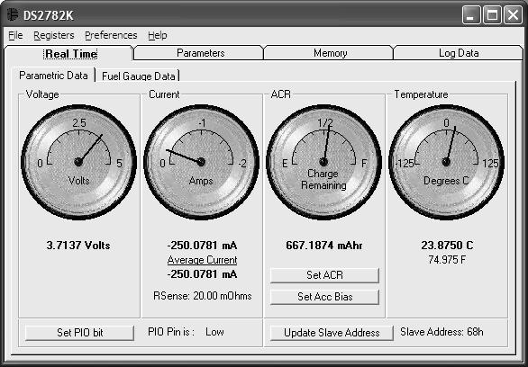 Parametric Data Tab The Parametric Data Sub Tab displays the latest real-time measurements of cell voltage, temperature, current and accumulated charge with both analog meter readouts