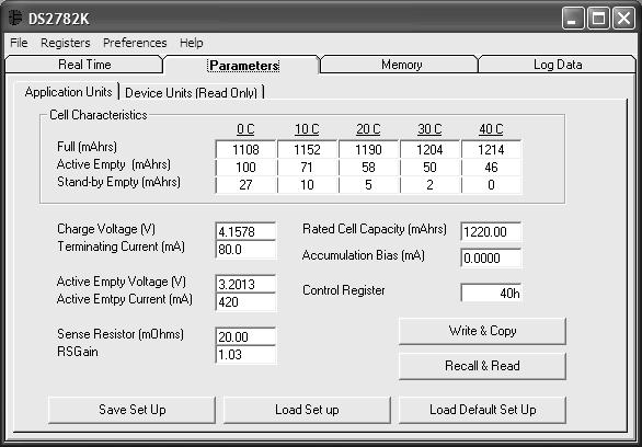 PARAMETERS TAB The Parameters Tab gives the user access to the entire Parameter EEPROM memory block (block 1, addresses 60h-7Fh) in terms of Application Units and Device Units.