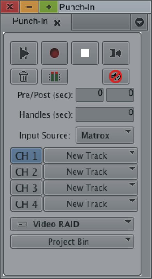 119 1 With a sequence loaded in the Avid Media Composer/Symphony timeline, choose Tools > Audio Punch-In. 2 Select Matrox from the Input Source list.