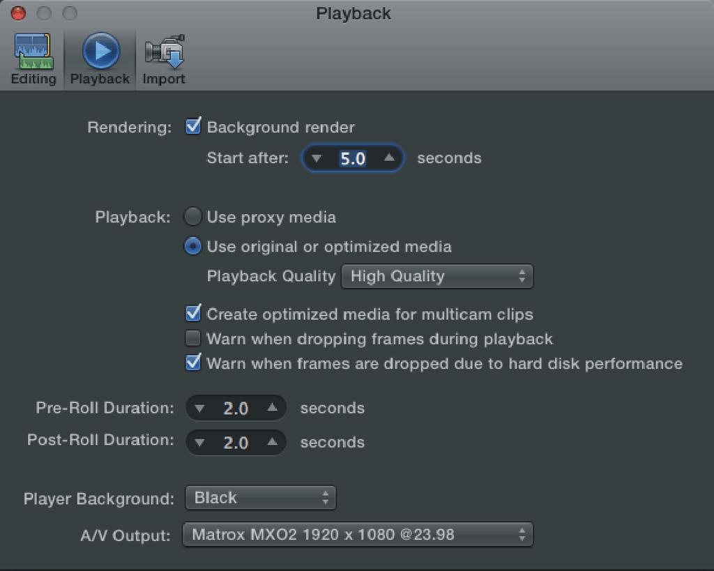 125 5 Open Final Cut Pro X, choose Final Cut Pro > Preferences, and ensure that the Matrox video format that you selected in step 3 appears as the A/V Output option in the Playback pane.