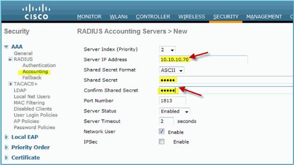 3. Enter these values: Server IP Address: 10.10.10.70 (check assignment) Shared Secret: cisco Support for RFC 3576 (CoA): Enabled (default) Everything else: Default 4. Click Apply to continue.