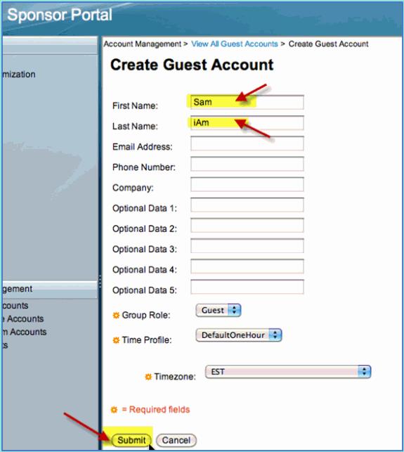 4. Click Submit. 5. A guest account is created based on your previous entry.