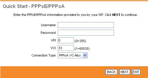 ISP: Username, Password, VPI, VCI