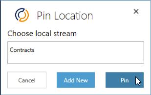 a. From the Pin Location popup, select a stream and click Pin. Locations can only be pinned to a stream that was created within Outlook, so only these streams are displayed.