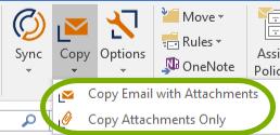 Outlook ribbon button: Click the drop-down portion of the Copy/Move button and choose an option. In the example below, Upload behavior is set to Copy.