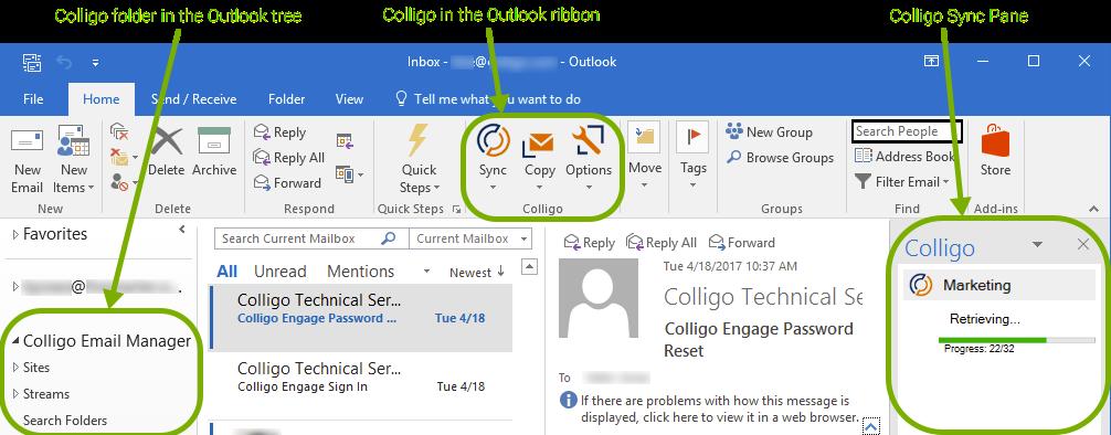Once you have authenticated, Colligo is displayed in Outlook in various locations, as shown in the figure below: Figure 4: Where Colligo appears in Outlook Note: As default behavior is for content to