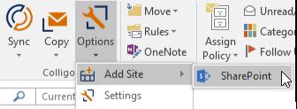 From the folder list, right-click the Colligo folder (default: Colligo Email Manager) in the Outlook tree, choose Add Site, and then SharePoint.