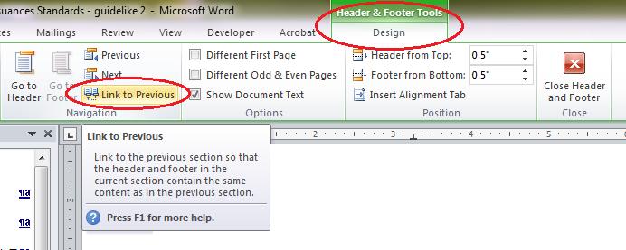 If you need a footer to have different text than the previous section, select Header & Footer Tools Design Navigation and make sure Link to Previous is deselected.