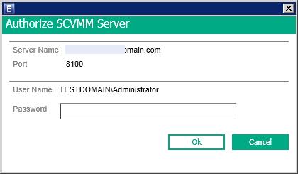 Procedure 1. In the HPE Fabric Management Add-in, navigate to Settings>Virtualization Servers. 2. Authorize SCVMM server a. Click Authorize. b. Enter a password, and click OK.