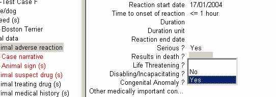 Select the correct information. Continue entering the details of the adverse reaction.