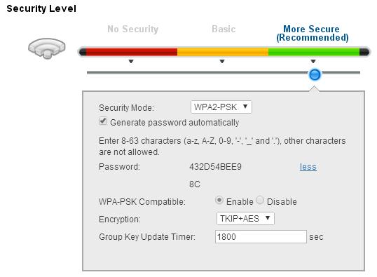 Chapter 7 Wireless Click Network Setting > Wireless to display the General screen. Select More Secure as the security level. Then select WPA-PSK or WPA2-PSK from the Security Mode list.