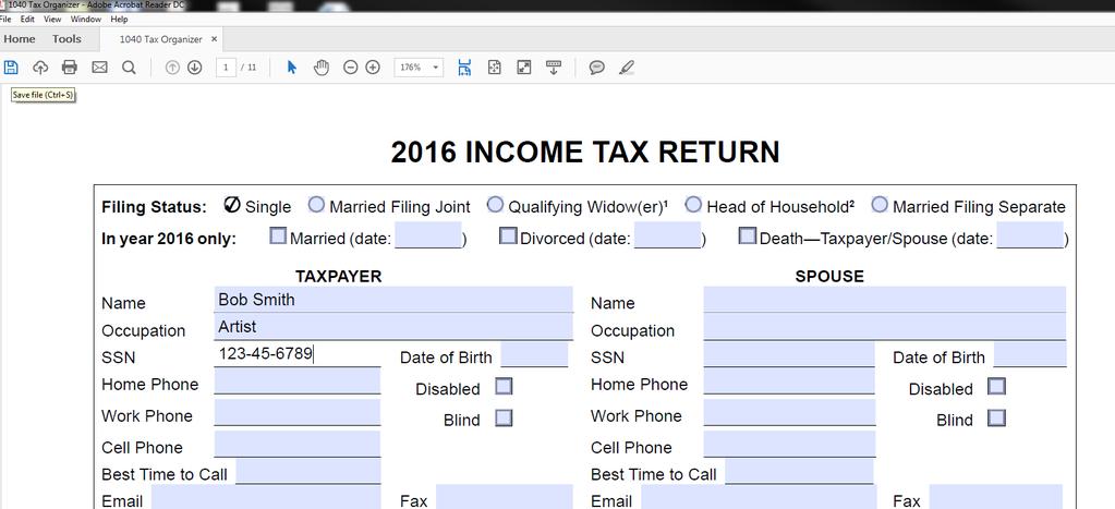 3) You should now be looking at the first page of the tax organizer. Simply fill out the fields that apply to you (Exhibit A).