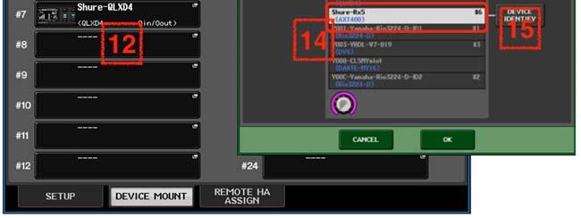 Select to view the ONLINE DEVICE LIST. 14. Select a Shure device: a ULXD4D/Q should have a name beginning with Y0**, where ** is a hexadecimal number.