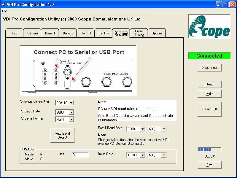 Configuration Select the Comms tab and select the required Communications port, use the Auto Baud Rate Detect setting for the communications speed and press the connect button.