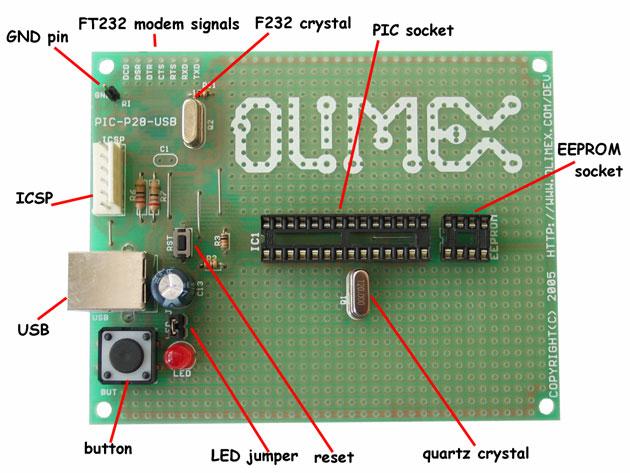 FEATURES: ICSP/ICD connector for programming and debugging FT232 USB-to-RS232 converter DIL28 microcontroller socket DIL8 EEPROM socket Quartz crystal 20Mhz LED to RA0 through jumper user Button to