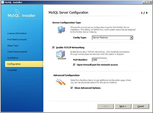 Figure 9 MySQL Server Configuration dialog box 12. Configure the following parameters for the MySQL server: From the Config Type list, select Server Machine or Dedicated Machine.