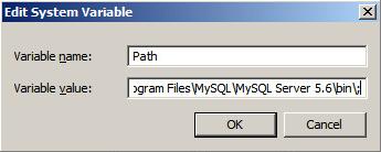 Figure 32 Edit System Variable dialog box 5. In the Variable value field, add the storage path for the programs in the MySQL installation directory.