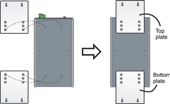 STEP 1: Remove the aluminum DIN-Rail attachment plate from the EDS-505A/508A s rear panel, and then attach the wall mount plates with M3 screws, as shown in the figures at the right.