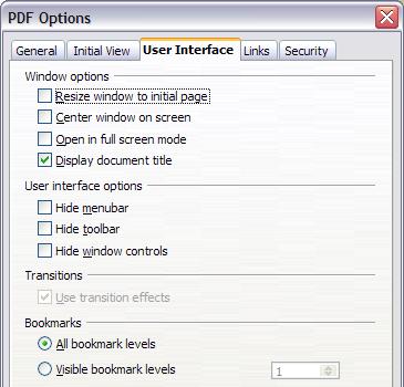 Figure 15: User Interface page of PDF Options dialog box User interface options section Hide menubar. Causes the PDF viewer to hide the menu bar. Hide toolbar.