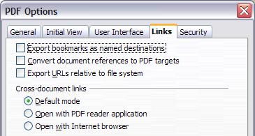 Figure 16: Links page of PDF Options dialog box Export bookmarks as named destinations If you have defined Writer bookmarks, this option exports them as named destinations to which Web pages and PDF