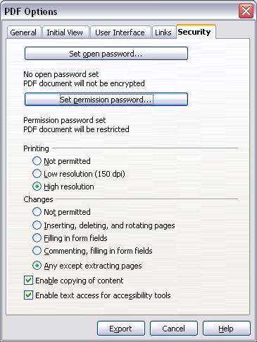 Figure 17: Security page of PDF Options dialog box Figure 18 shows the pop-up dialog box displayed when you click the Set open password button on the Security page of the PDF Options dialog