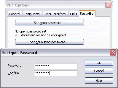 Figure 18: Setting a password to encrypt a PDF Exporting to XHTML OOo uses the term export for some file operations involving a change of file type. OOo can export files to XHTML.