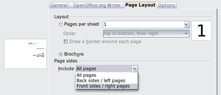 5) Select the Brochure option. 6) In the Page sides section, select Back sides / left pages option from the Include drop-down list. 7) Click the Print button.