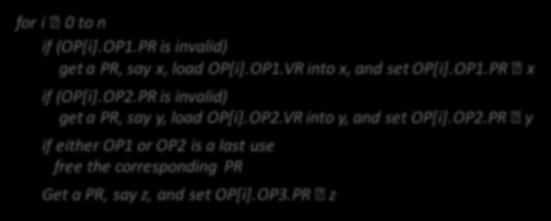 PR is invalid) get a PR, say y, load OP[i].OP2.VR into y, and set OP[i].OP2.PR if either OP1 or OP2 is a last use free the corresponding PR Get a PR, say z, and set OP[i].