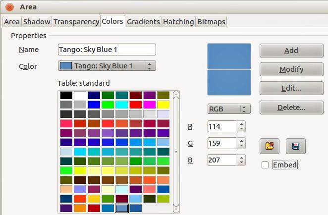 Figure 10. Colors page in Area dialog Color table to modify colors, select the color model: Red-Green-Blue (RGB) or Cyan- Magenta-Yellow-BlacK (CMYK).