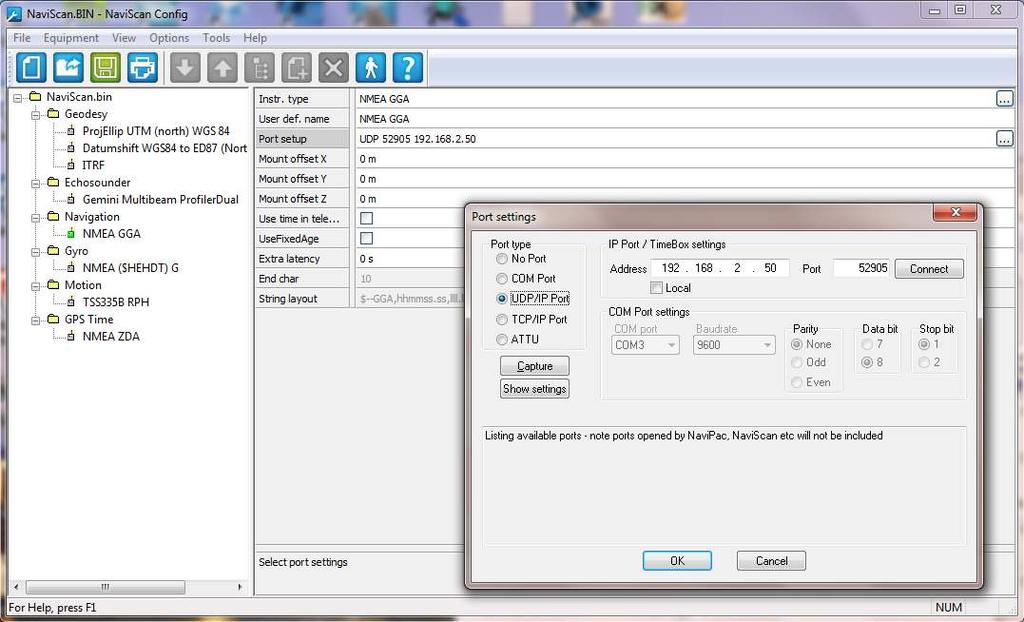 Configure EIVA NaviScan Gemini Profiler with Survey Software In the Port settings dialog that is present select the UDP/IP Port option and make sure the IP Address and Port match the computer running