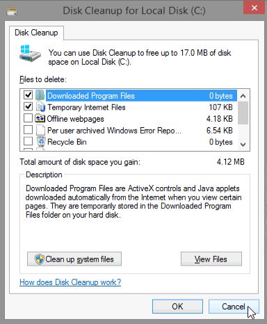 Note: It may take a few minutes for Disk Cleanup to complete. d. Once the Disk Cleanup process completes, the Disk Cleanup for Local Disk (C:) window opens. Click Cancel.