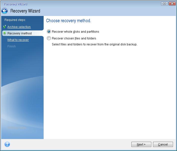 Select Recover whole disks and partitions at the Recovery method step. 7.