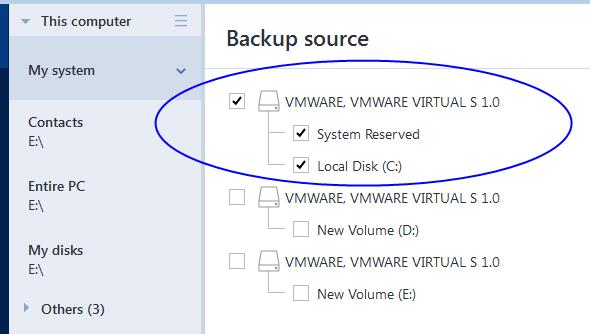 To create this backup, switch to disk mode, and then select the hard drive that contains your system partition. Refer to Backing up disks and partitions (p. 18) for details.