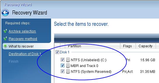 Run the Recovery wizard and follow the instructions described in Recovering your system (p. 39). 3. On the What to recover step, select the check box next to the disk name to select the entire system disk.