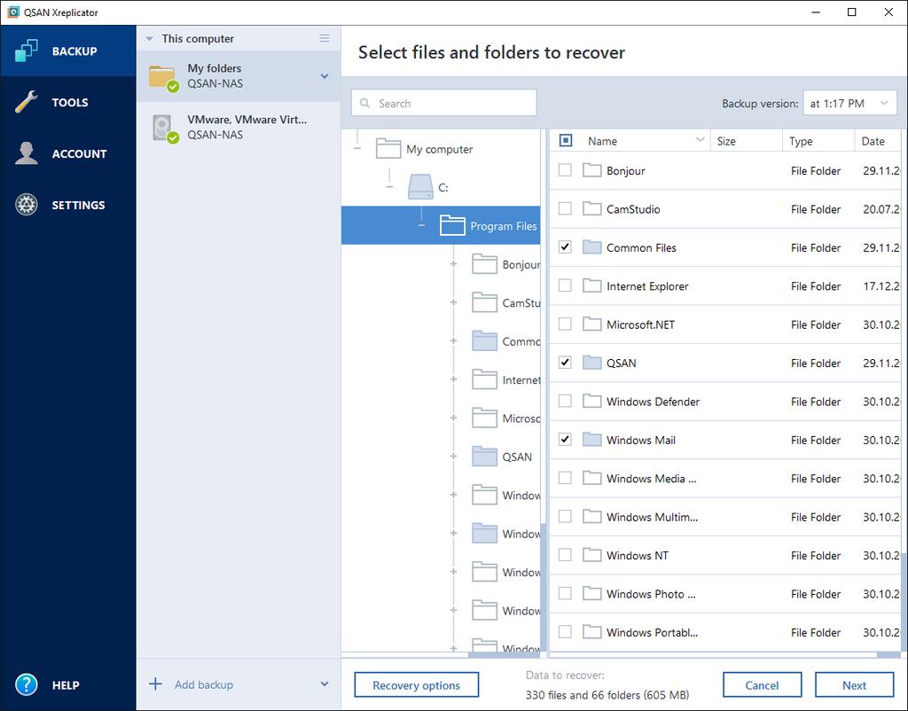 6. Select the files and folders that you want to recover, and then click Next. 7. Select a destination on your computer to where you want to recover selected files/folders.