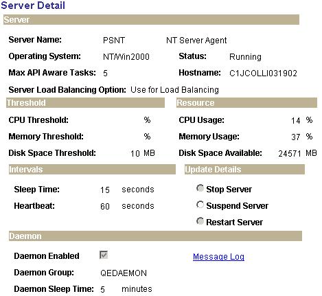 Setting Server Definitions Chapter 8 Server Detail page Use the Process Monitor to monitor messages that are issued directly by the daemon and messages that are issued by the application engine