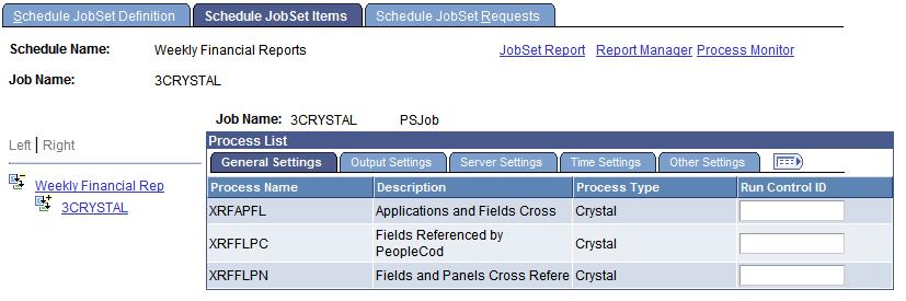Chapter 9 Defining Jobs and JobSets Schedule JobSet Items General page with processes expanded If the output options were specified at the main JobSet level, then these options apply to all items of