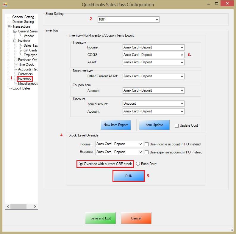 Invoice (Itemized) Sales Export - Inventory Export - Account Selection and Setup 1. Select Inventory on the left. Default Stock Override or Base Date Stock Override 2.