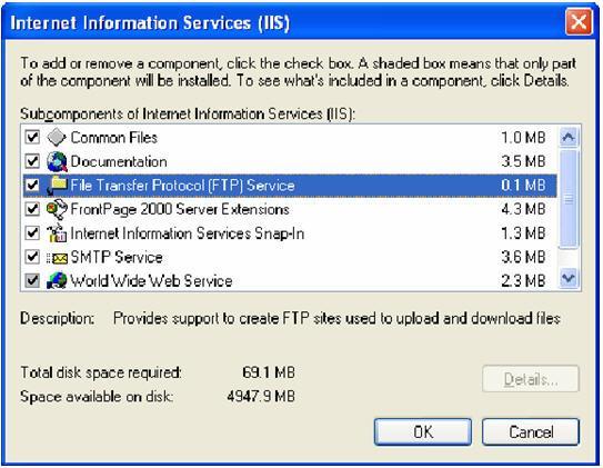 Check the box for Internet Information Services (IIS), then click Details. Figure 5 Select IIS Components 4. Ensure World Wide Web Service is checked. 5. If you will be using SecureJet, check the box for File Transfer Protocol (FTP) Service, click OK, then click Next.