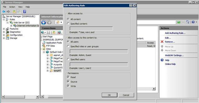 Figure 10 Edit WebDAV Authoring Rules 10. Double-click the tempmt virtual folder to return to the tempmt home. 11. Locate and double-click the Authentication icon. 12.