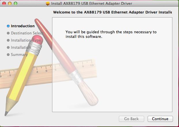 Click the AX88179.pkg, the following driver setup dialog will appear.