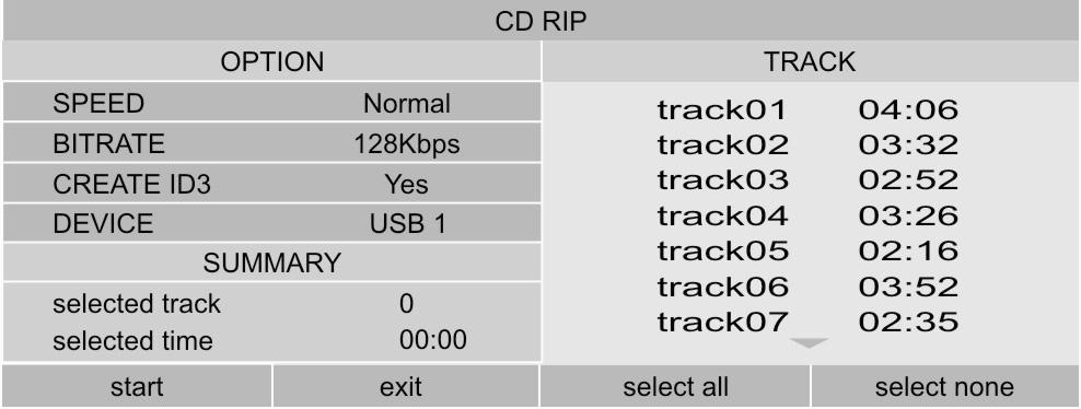Press ENTER to select songs, then move cursor to COPY, press ENTER to start. If you need to copy all files on the MP3 disc, move the cursor to All select, press ENTER. 2.