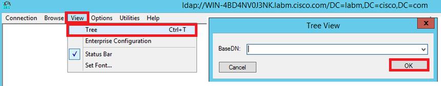 the image. Step 3. Navigate to View > Tree and select OK in the base DN as shown in the image. Step 4.