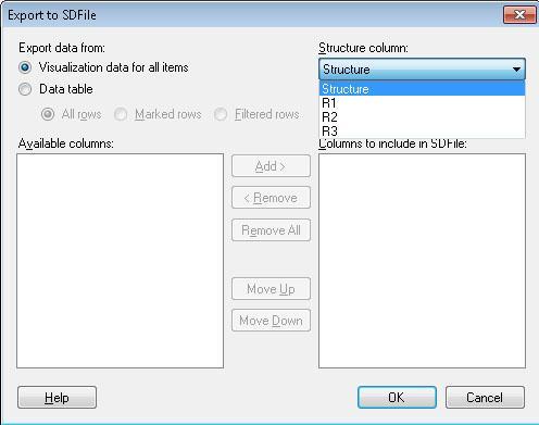 Comment: The SDFile format supports only one structure per record. You can select any column in the table that contains Molfile or SMILES structures.