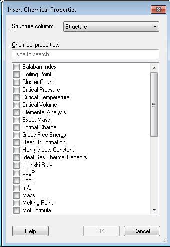 2. From the Structure column list, select the Structure column on which to perform the chemical property calculations. The first structure column, detected by Lead Discovery, is listed by default. 3.