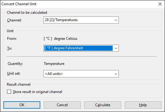 3. Select Unit»To [ F] Degree Fahrenheit, as shown in Figure 4-3. Figure 4-3. Converting Channel Units with the Units Catalog Getting Started with DIAdem 4. Click OK. 5.